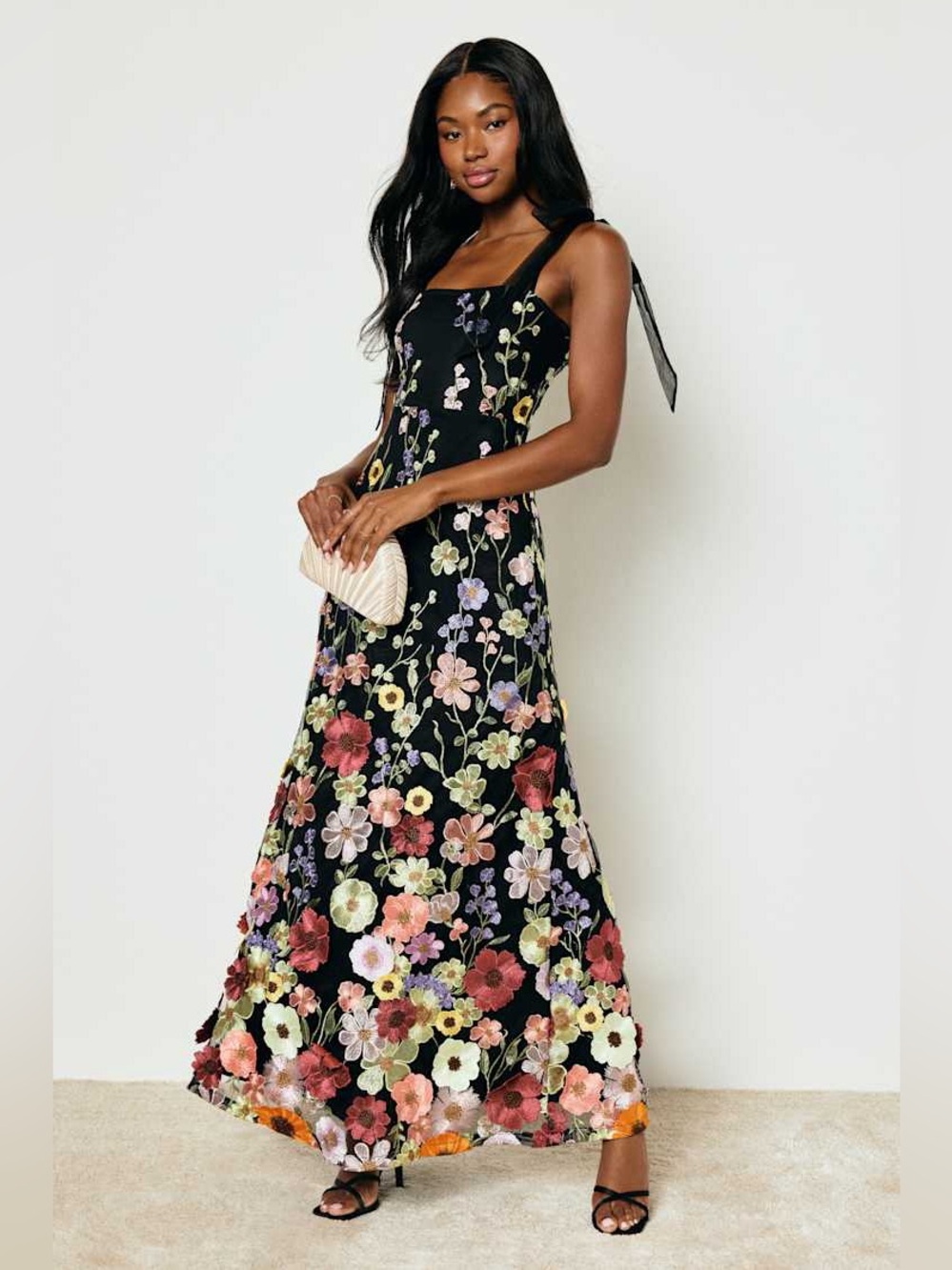 Lulus Thriving Poise Black 3D Floral Embroidered Tie-Strap Maxi Dress Size Med